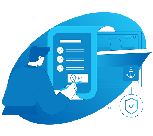 A vector illustration of a man signing a contract with a boat in the background