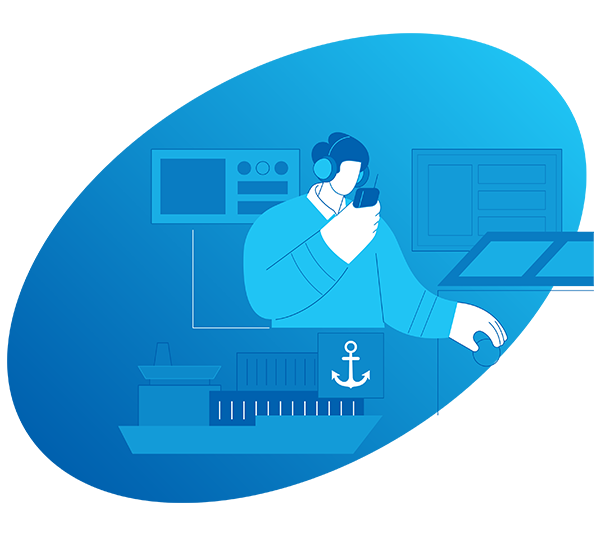 Vector illustration of a man of a boat radio and a large cargo ship