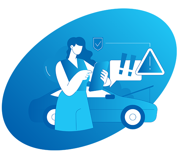 A vector illustration of a woman putting in a motor claim with a broken down car