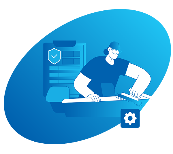 A vector illustration of a man cleaning a boat with a clipboard in the background